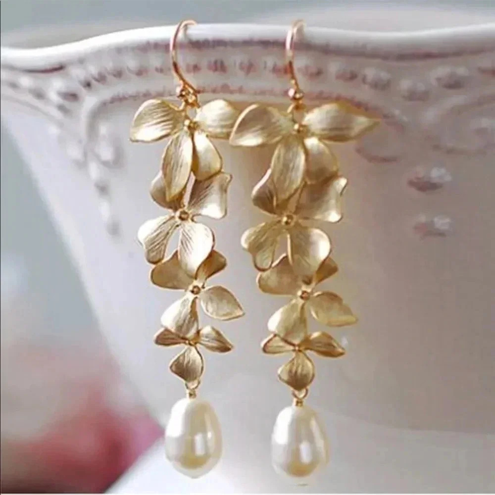 Elegant Gold Orchid Flower Pearl Drop Earrings